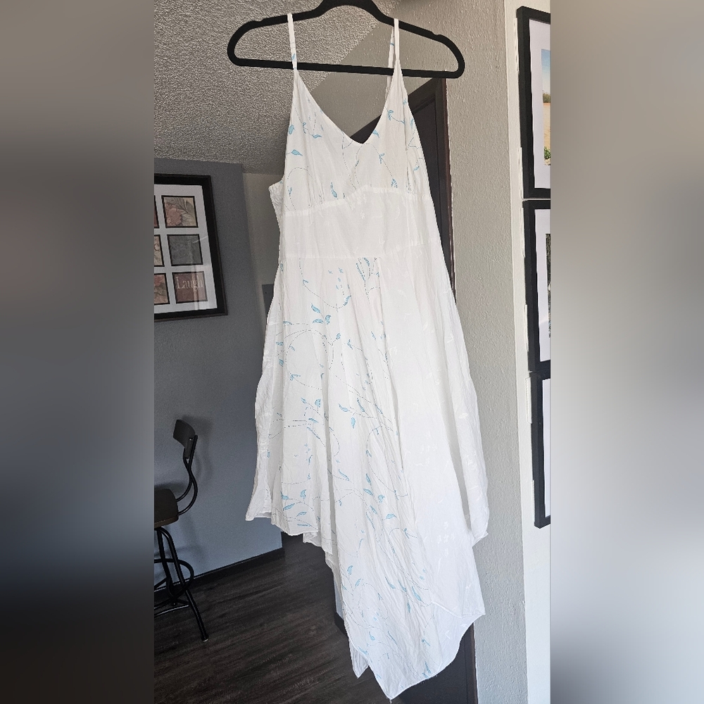Asymmetrical, elegant white, and Blue Floral Dress